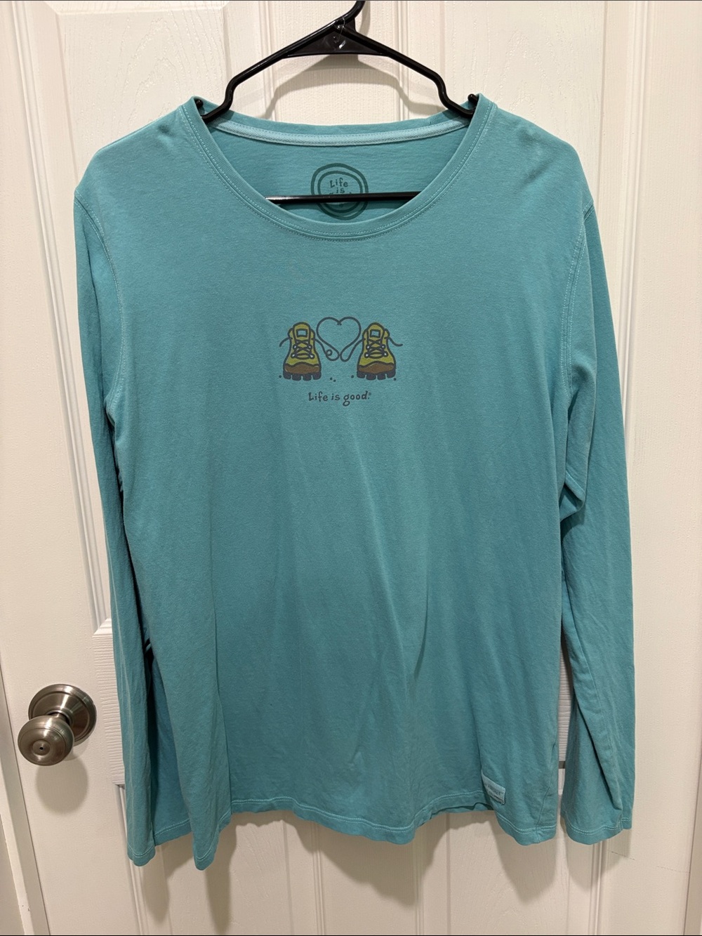 Life Is Good Teal Long Sleeve Tee with Hiking Shoe Heart Graphic